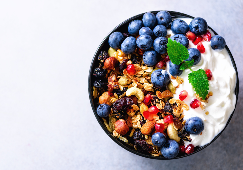 healthy breakfast yogurt bowl sugar fruit