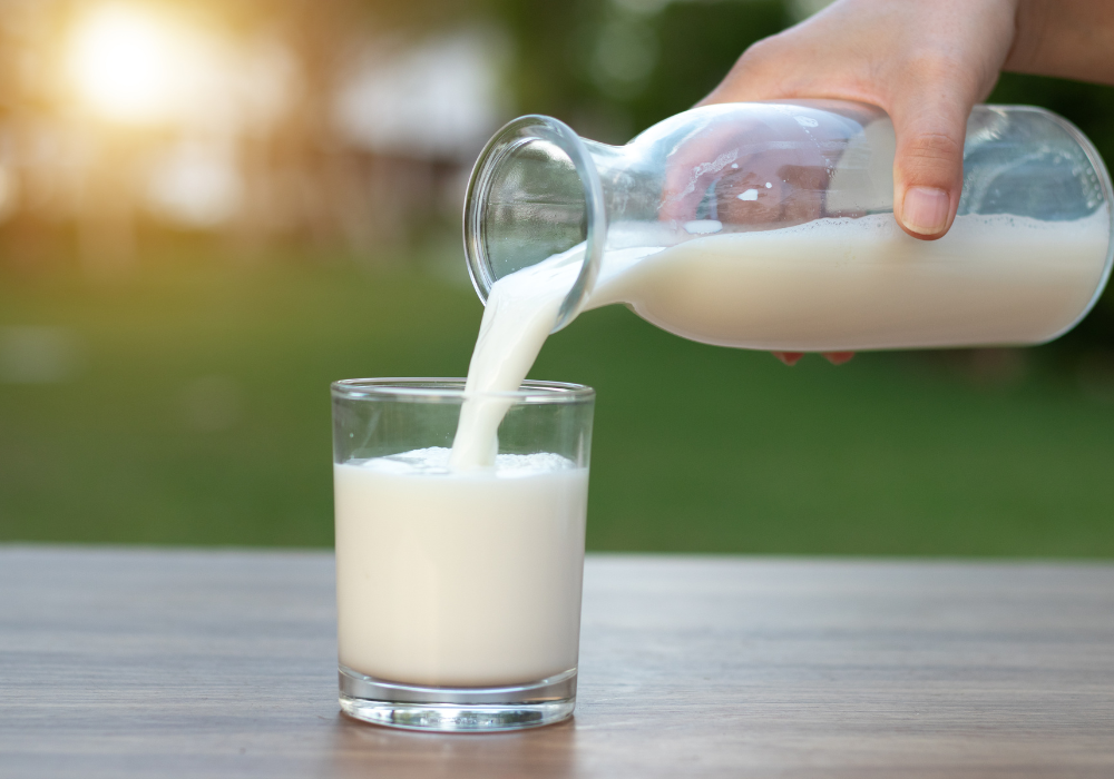 raw milk on a table outside being poured from the bottle make your coffee healthier